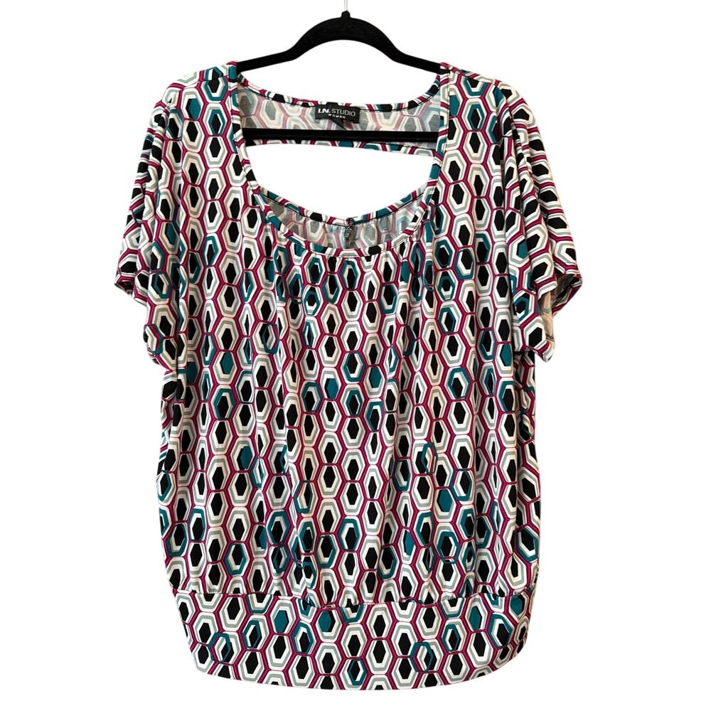 I.N. Studio Women's Plus Size Pink Teal & Gray Banded Cut Out Blouse Size 2X